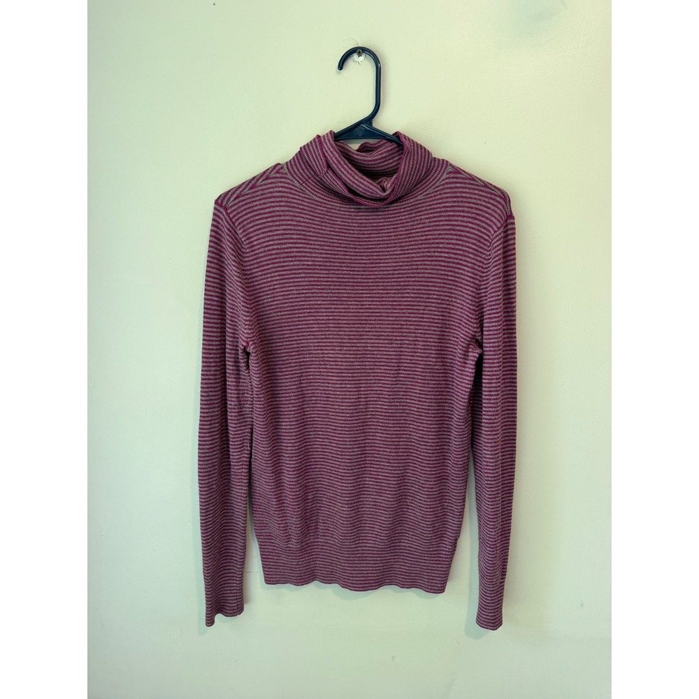Ann Taylor Factory Womens Striped Turtleneck Sweater Berry Pink Grey Small 1636